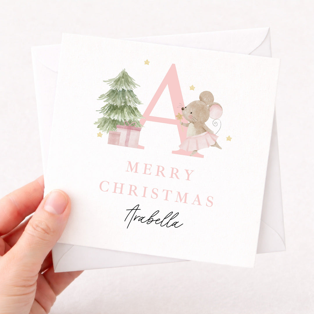 Personalised Pink Mouse Initial Merry Christmas Card