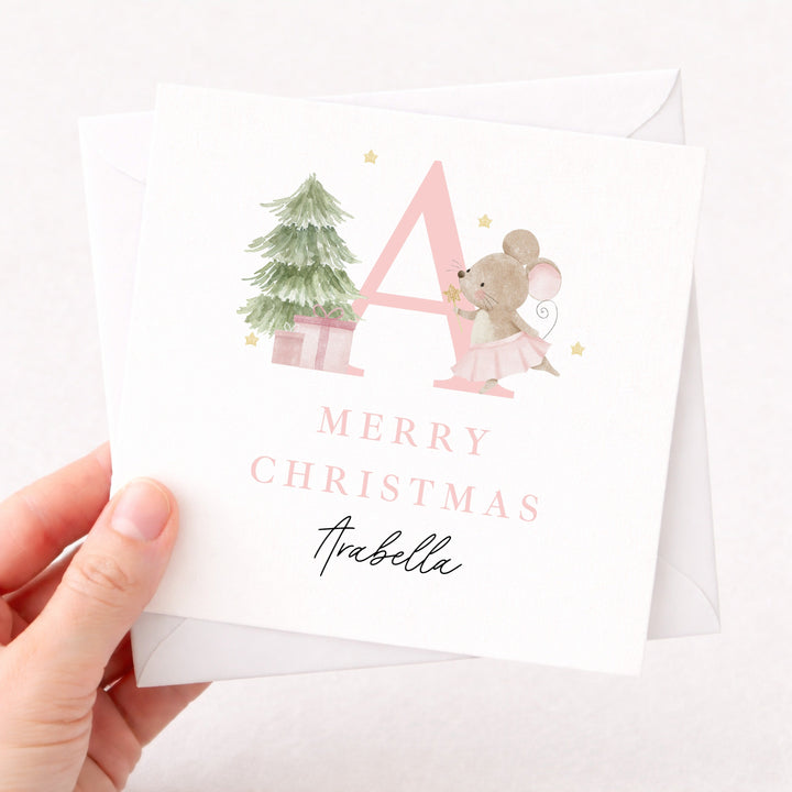 Personalised Pink Mouse Initial Merry Christmas Card