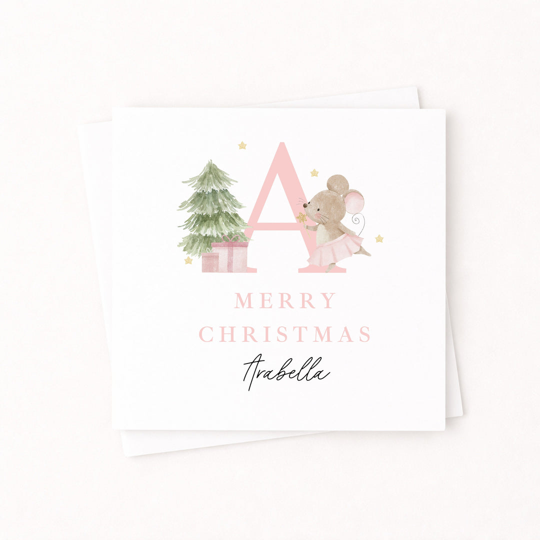 Personalised Pink Mouse Initial Merry Christmas Card
