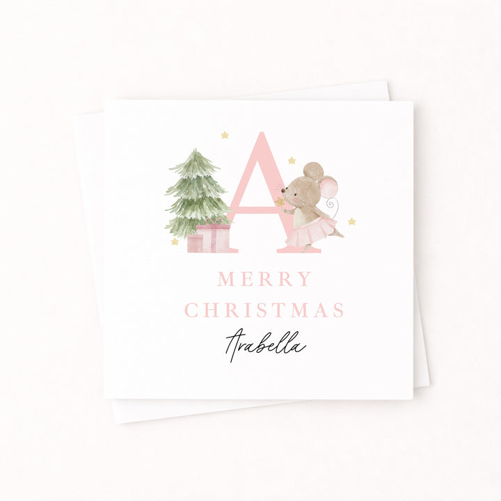 Personalised Pink Mouse Initial Merry Christmas Card
