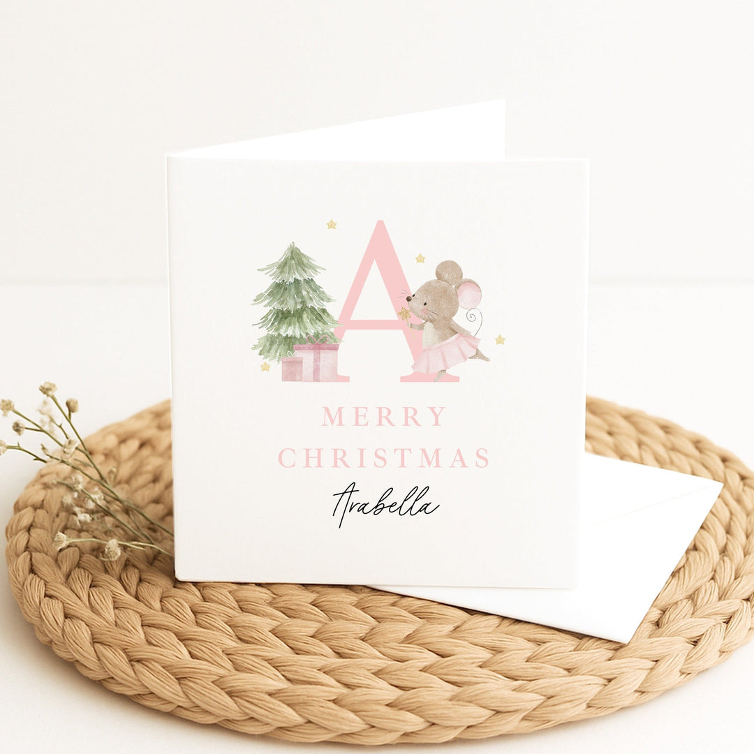 Personalised Pink Mouse Initial Merry Christmas Card
