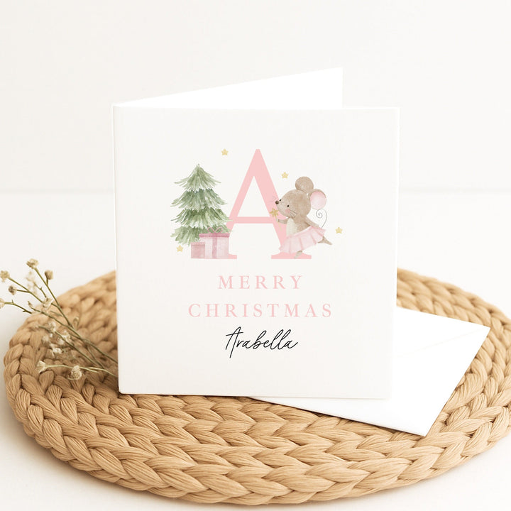 Personalised Pink Mouse Initial Merry Christmas Card