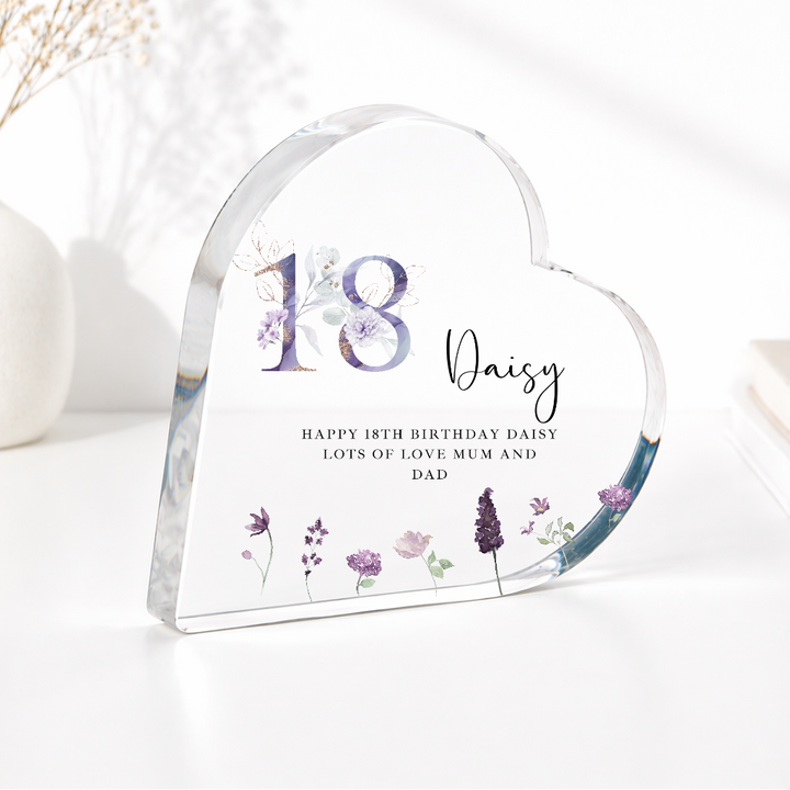 Personalised 18th Birthday Lilac Acrylic Heart