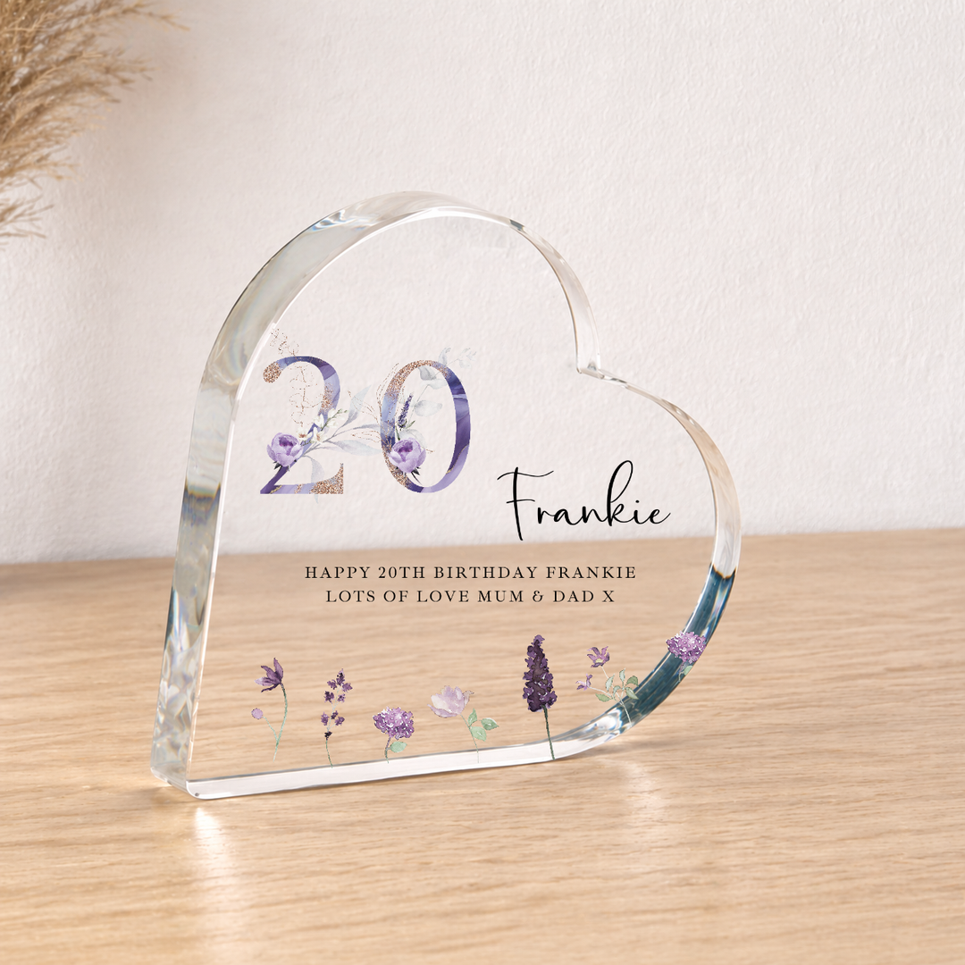 Personalised 20th Birthday Purple Acrylic Heart