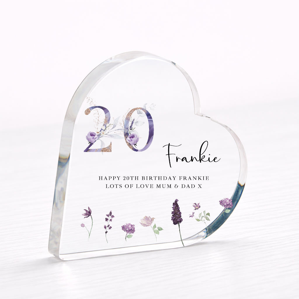 Personalised 20th Birthday Purple Acrylic Heart