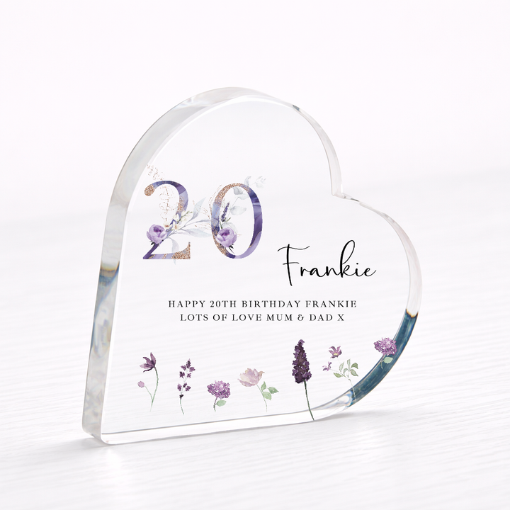 Personalised 20th Birthday Purple Acrylic Heart