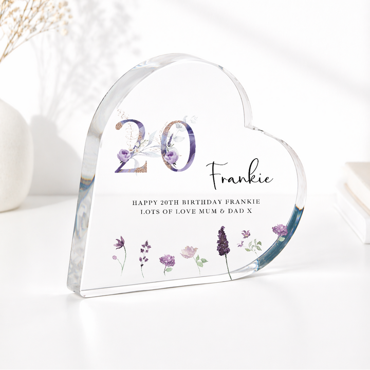 Personalised 20th Birthday Purple Acrylic Heart