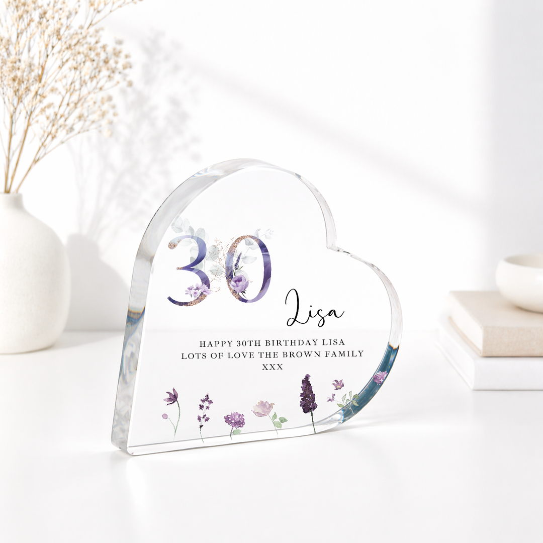 Personalised 30th Birthday Purple Acrylic Heart