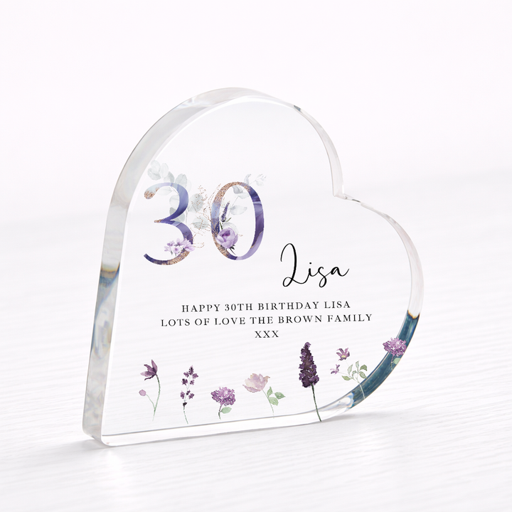 Personalised 30th Birthday Purple Acrylic Heart