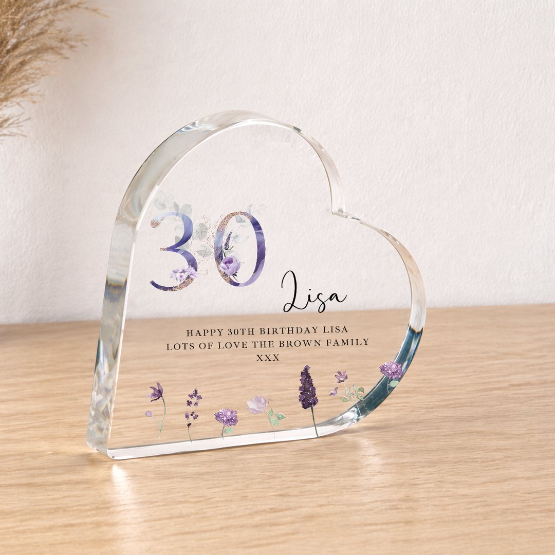 Personalised 30th Birthday Purple Acrylic Heart
