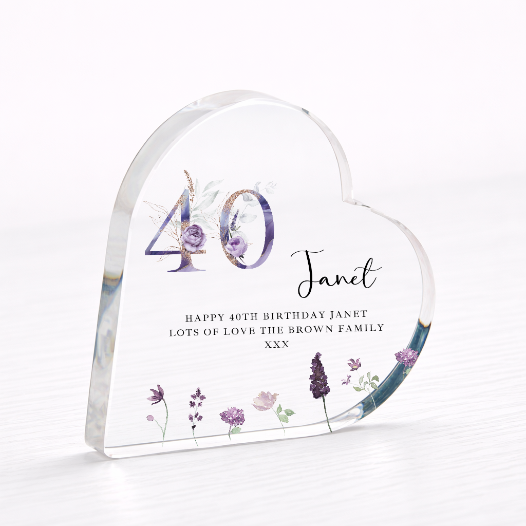 Personalised 40th Birthday Purple Acrylic Heart