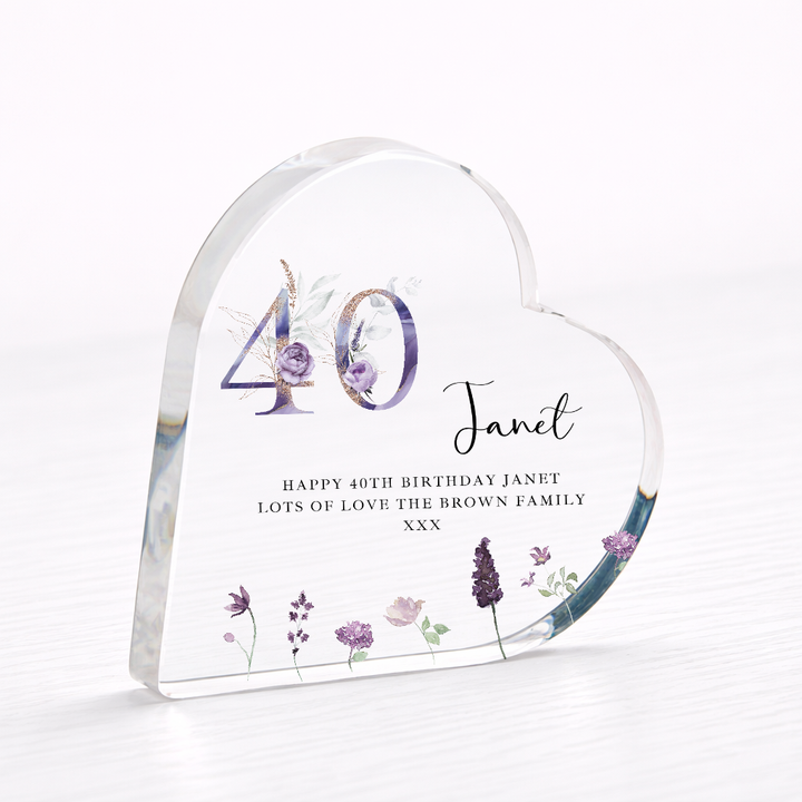 Personalised 40th Birthday Purple Acrylic Heart