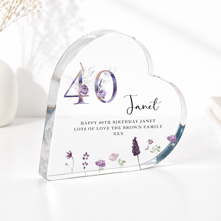 Personalised 40th Birthday Purple Acrylic Heart