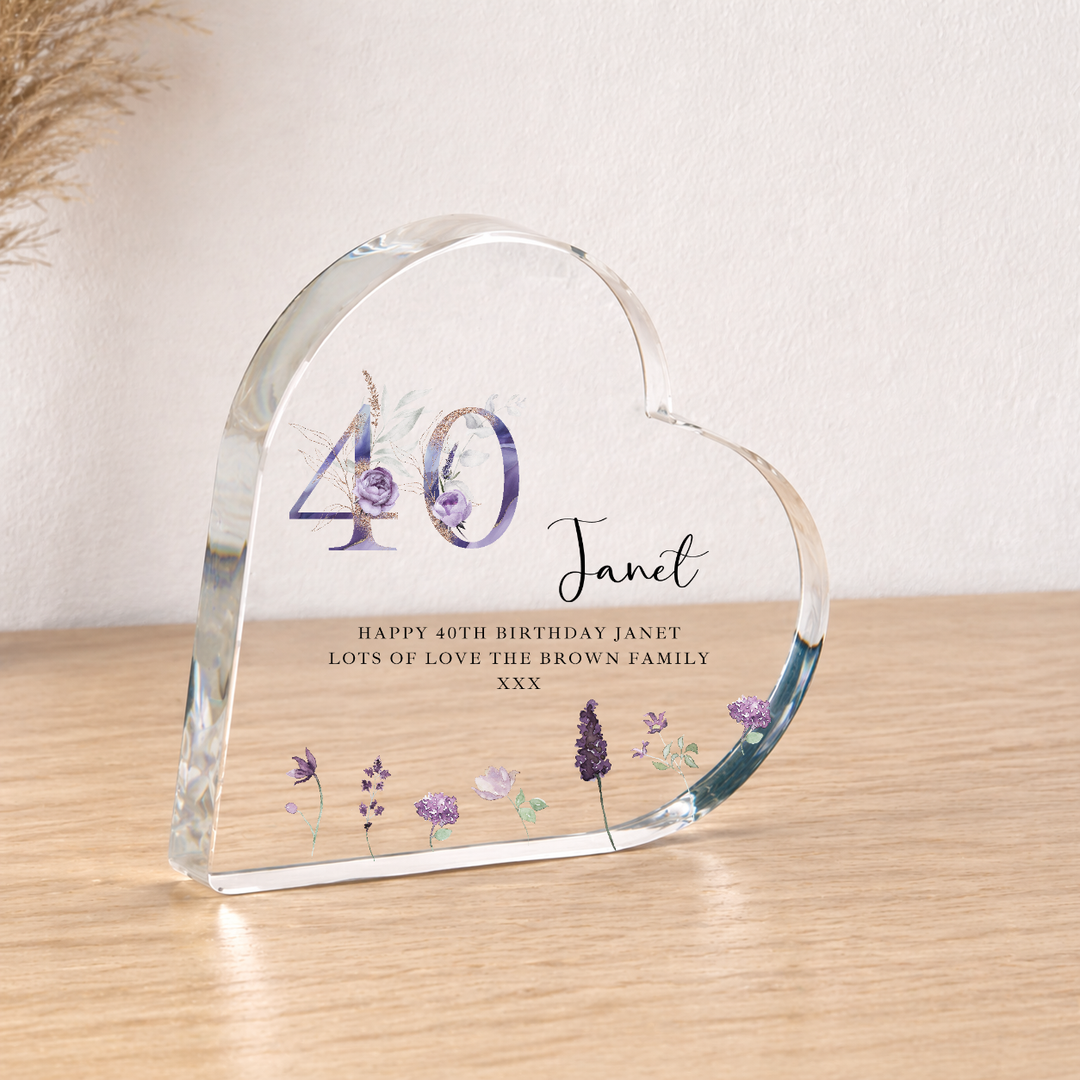 Personalised 40th Birthday Purple Acrylic Heart