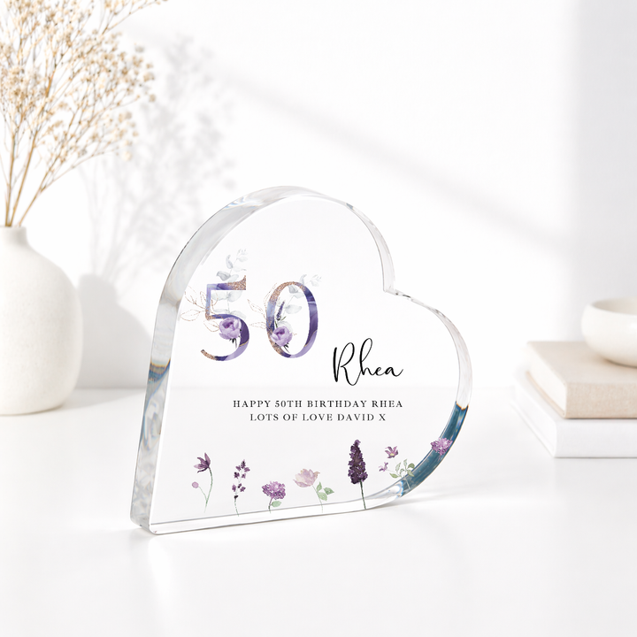 Personalised 50th Birthday Purple Acrylic Heart