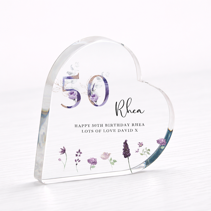 Personalised 50th Birthday Purple Acrylic Heart