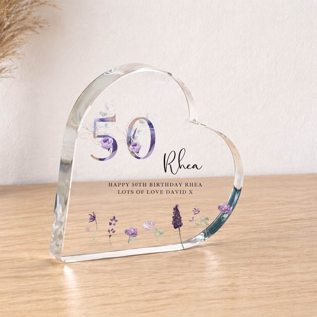 Personalised 50th Birthday Purple Acrylic Heart