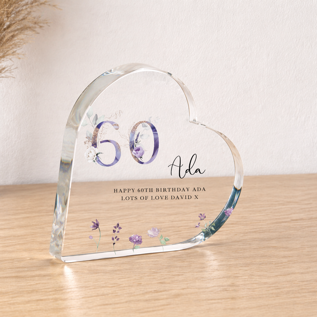 Personalised 60th Birthday Purple Acrylic Heart