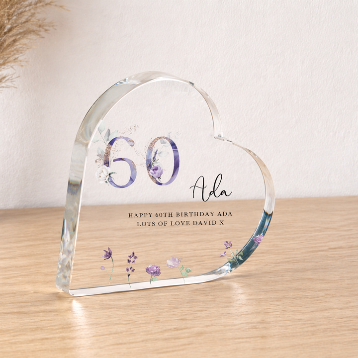 Personalised 60th Birthday Purple Acrylic Heart