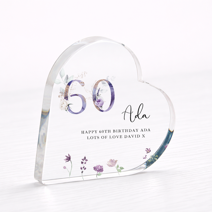 Personalised 60th Birthday Purple Acrylic Heart