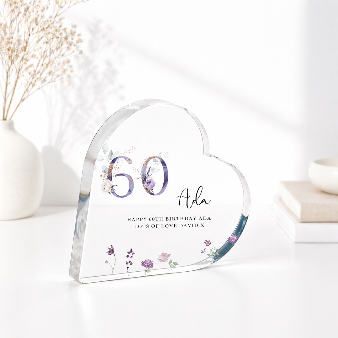 Personalised 60th Birthday Purple Acrylic Heart