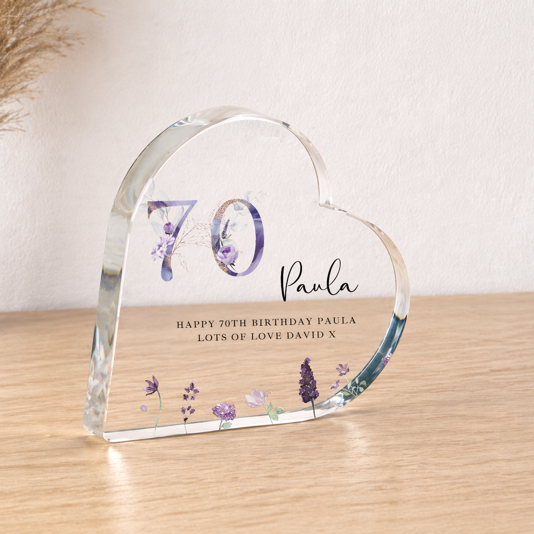Personalised 70th Birthday Purple Acrylic Heart