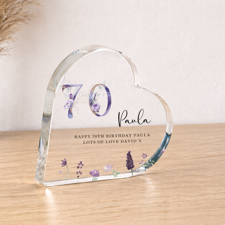 Personalised 70th Birthday Purple Acrylic Heart