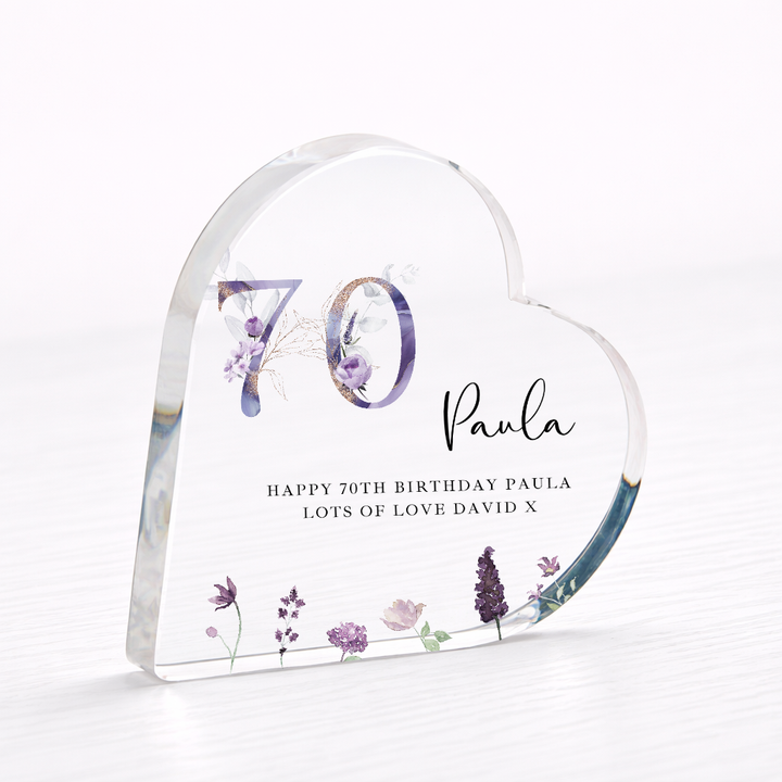 Personalised 70th Birthday Purple Acrylic Heart