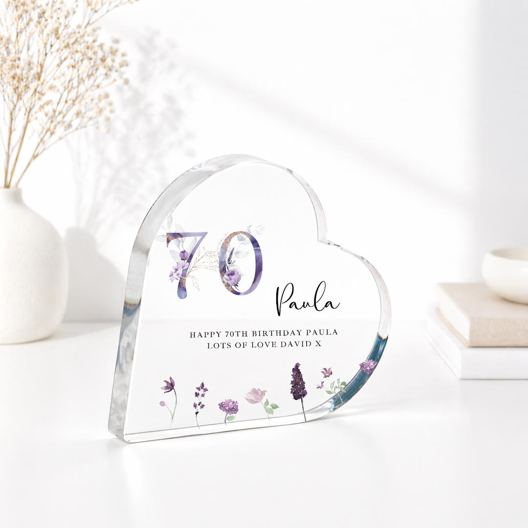 Personalised 70th Birthday Purple Acrylic Heart