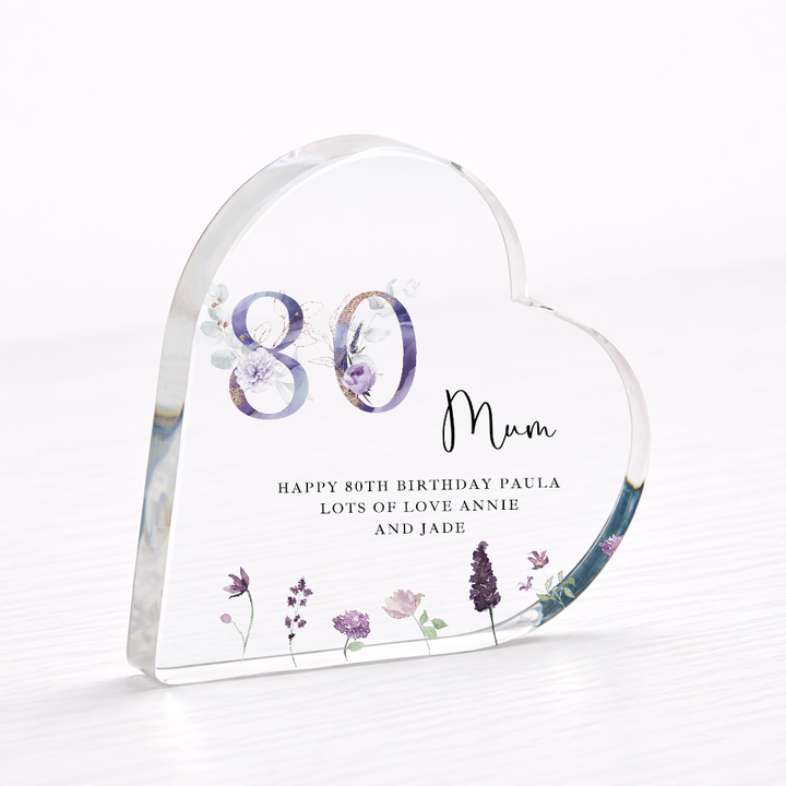 Personalised 80th Birthday Purple Acrylic Heart