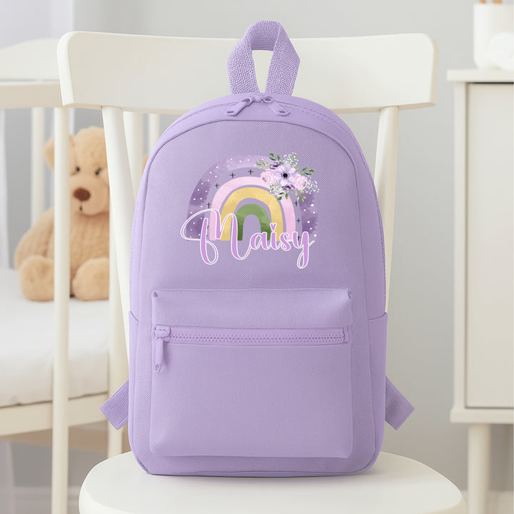 Personalised Purple Floral Rainbow Toddler Backpack