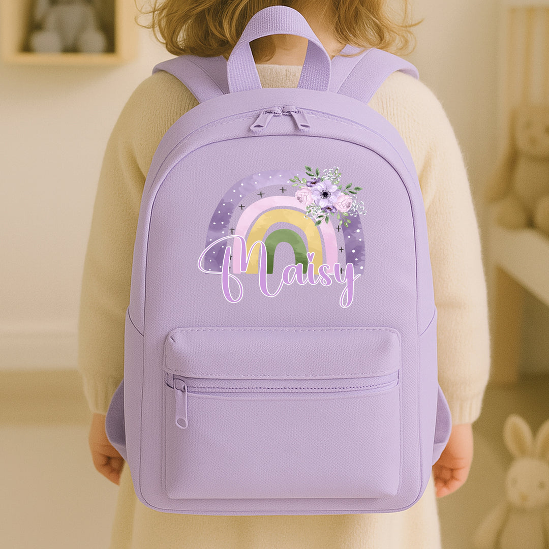 Personalised Purple Floral Rainbow Toddler Backpack
