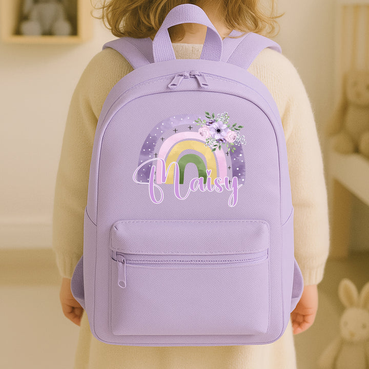 Personalised Purple Floral Rainbow Toddler Backpack