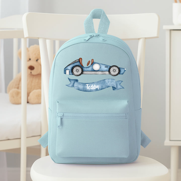Personalised Blue Racecar Toddler Backpack