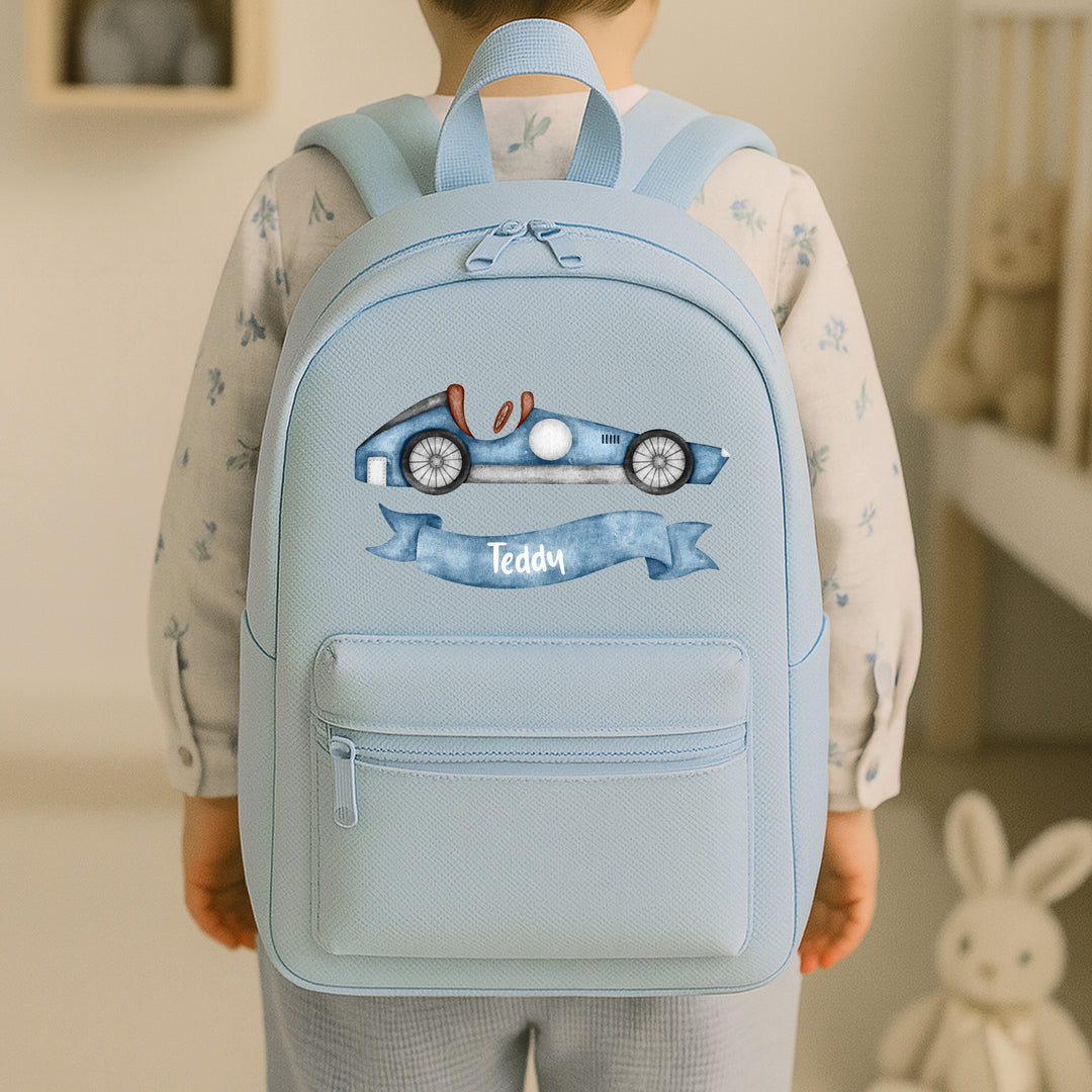 Personalised Blue Racecar Toddler Backpack
