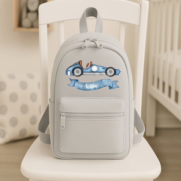 Personalised Blue Racecar Toddler Backpack