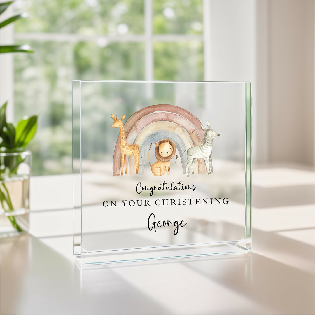 Personalised Acrylic Block Jungle Rainbow Christening Gift