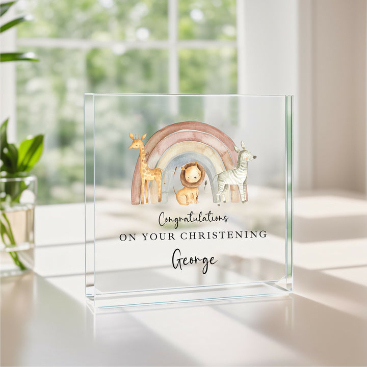 Personalised Acrylic Block Jungle Rainbow Christening Gift