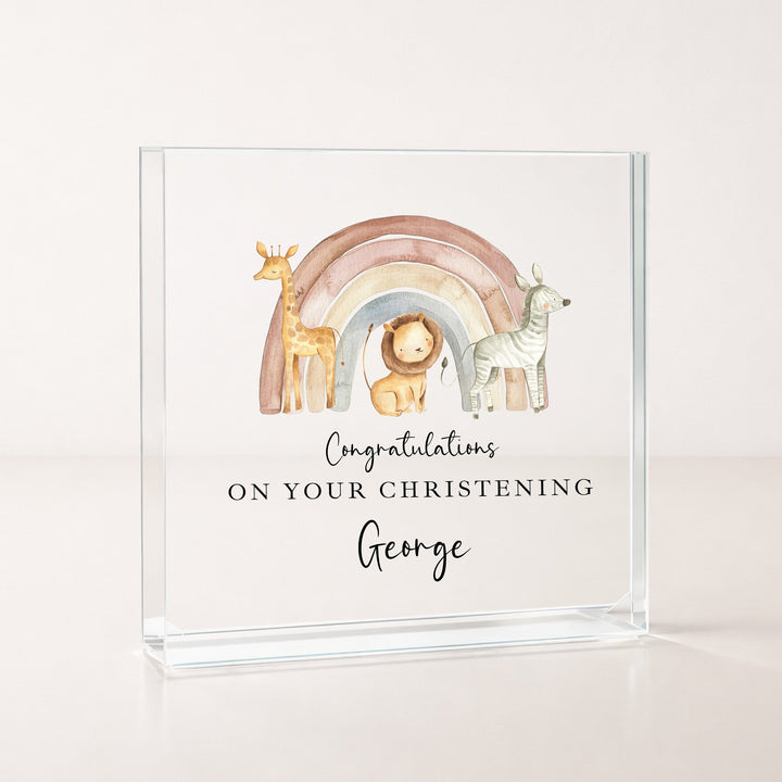 Personalised Acrylic Block Jungle Rainbow Christening Gift