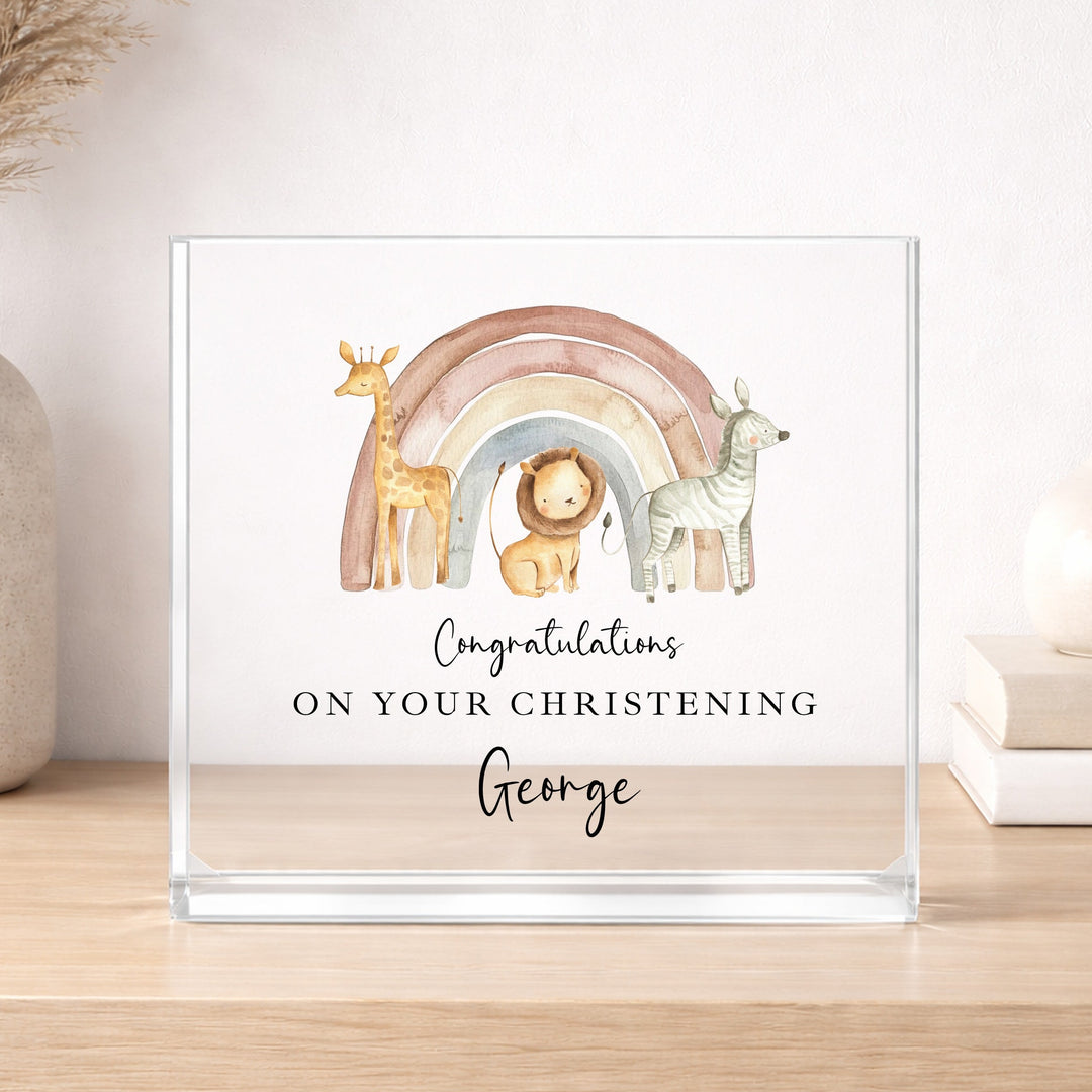 Personalised Acrylic Block Jungle Rainbow Christening Gift