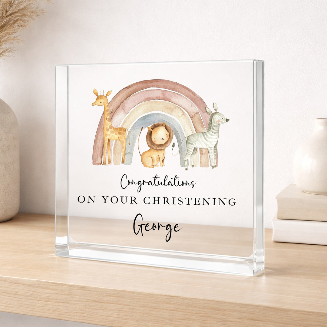 Personalised Acrylic Block Jungle Rainbow Christening Gift