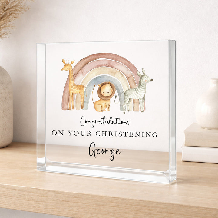 Personalised Acrylic Block Jungle Rainbow Christening Gift