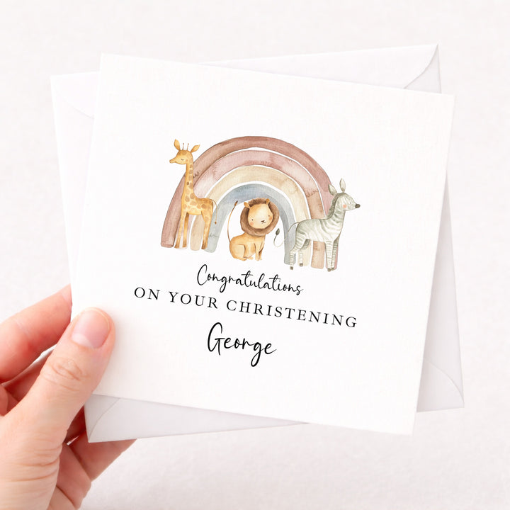 Personalised Jungle Rainbow On Your Christening Day Card