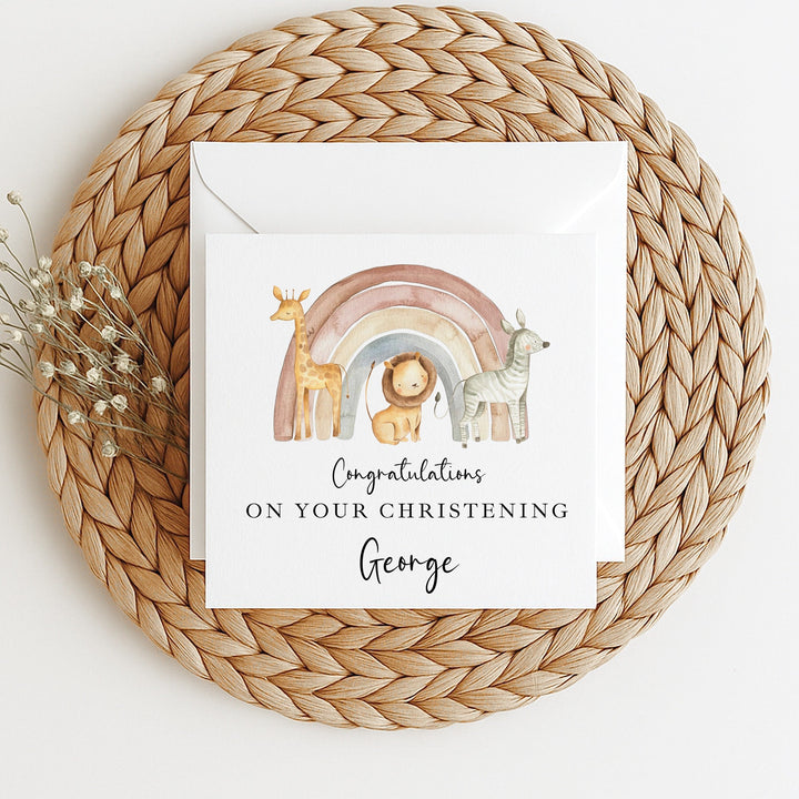 Personalised Jungle Rainbow On Your Christening Day Card