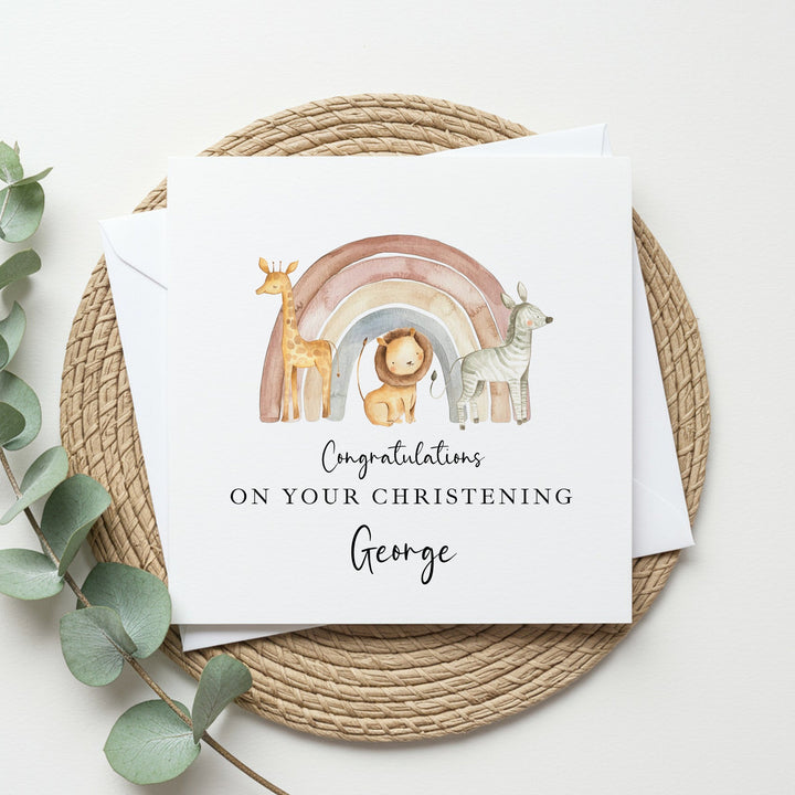 Personalised Jungle Rainbow On Your Christening Day Card