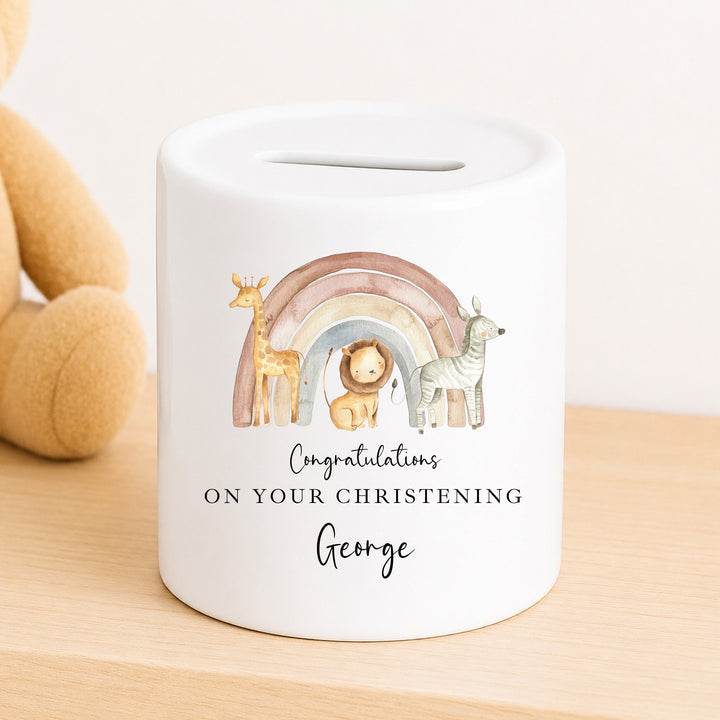 Personalised Money Box Jungle Rainbow Christening Gift