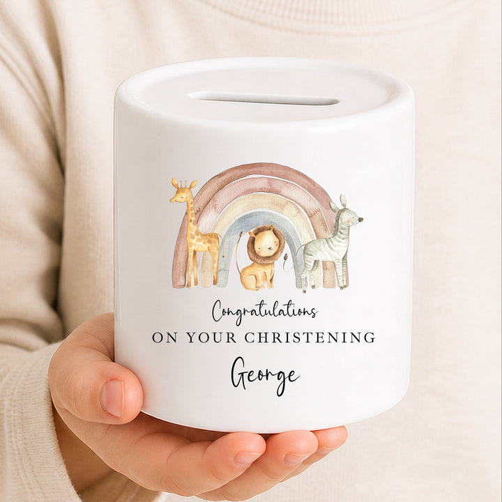 Personalised Money Box Jungle Rainbow Christening Gift