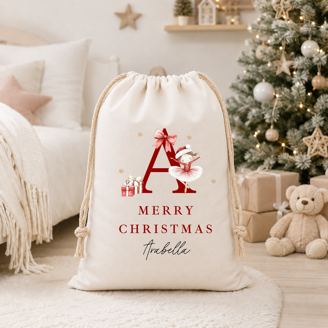 Personalised Merry Christmas Ballerina Canvas Santa Sack