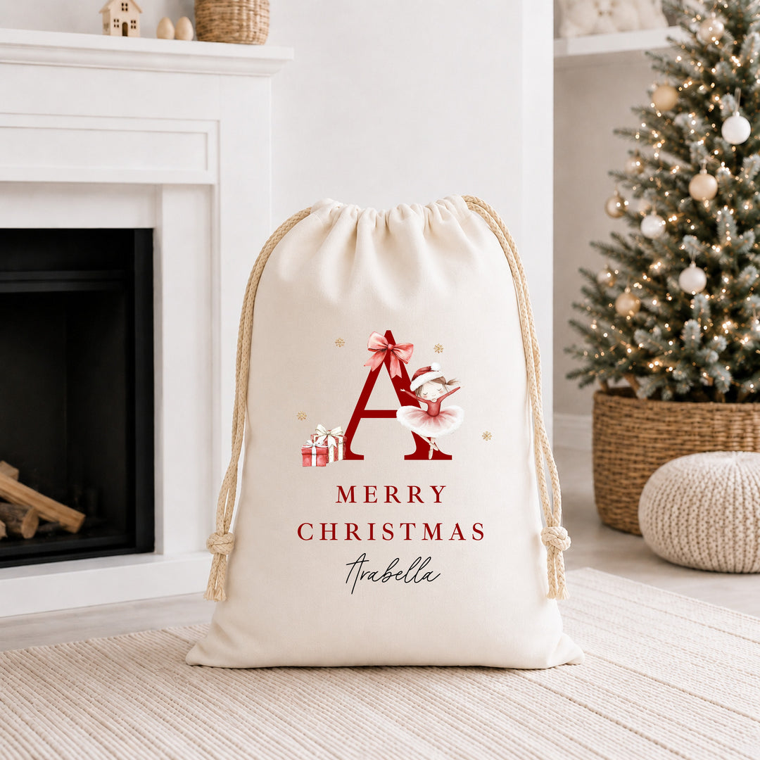 Personalised Merry Christmas Ballerina Canvas Santa Sack