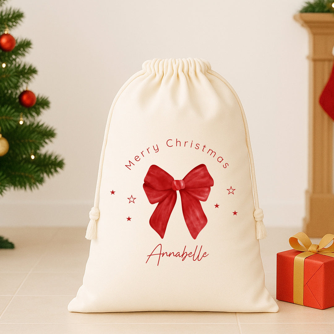 Personalised Red Bow Merry Christmas Canvas Santa Sack